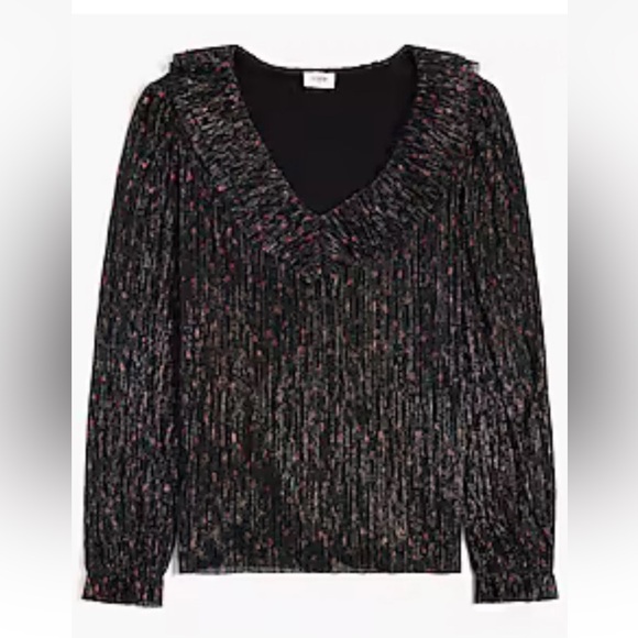 J. CREW SHIMMER LINED RUFFLE V-NECK LONG SLEEVE CAREER BLOUSE TOP L - Picture 2 of 9